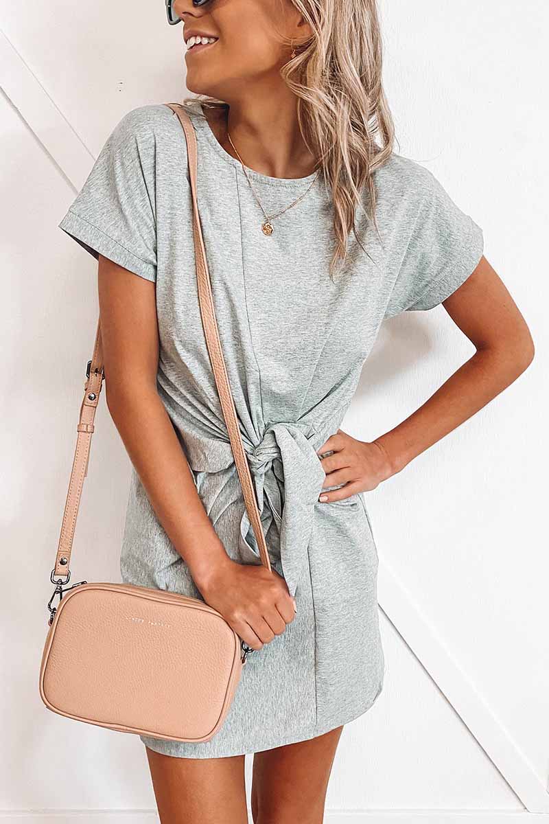 Florcoo Loose Tie Solid Color Short Sleeves Mini Dress(6 colors) - Fashionpara