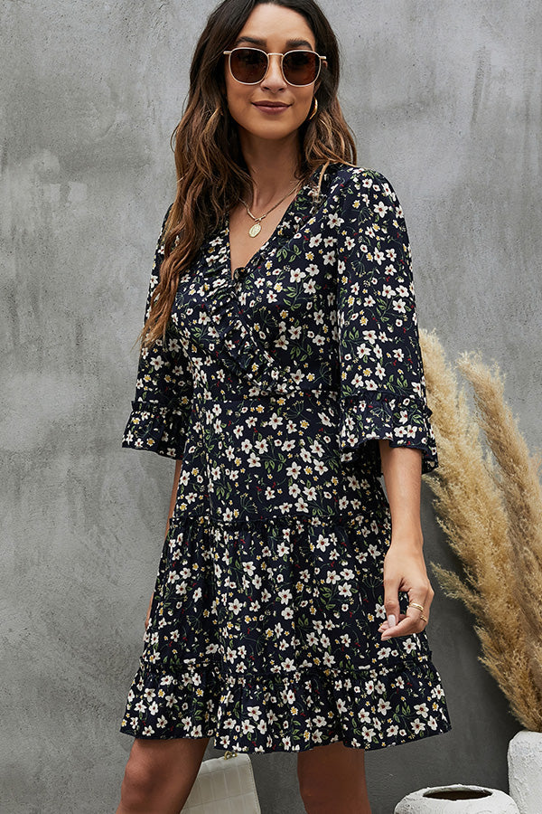 V Neck Half Sleeve Floral Print Mini Dress - Fashionpara