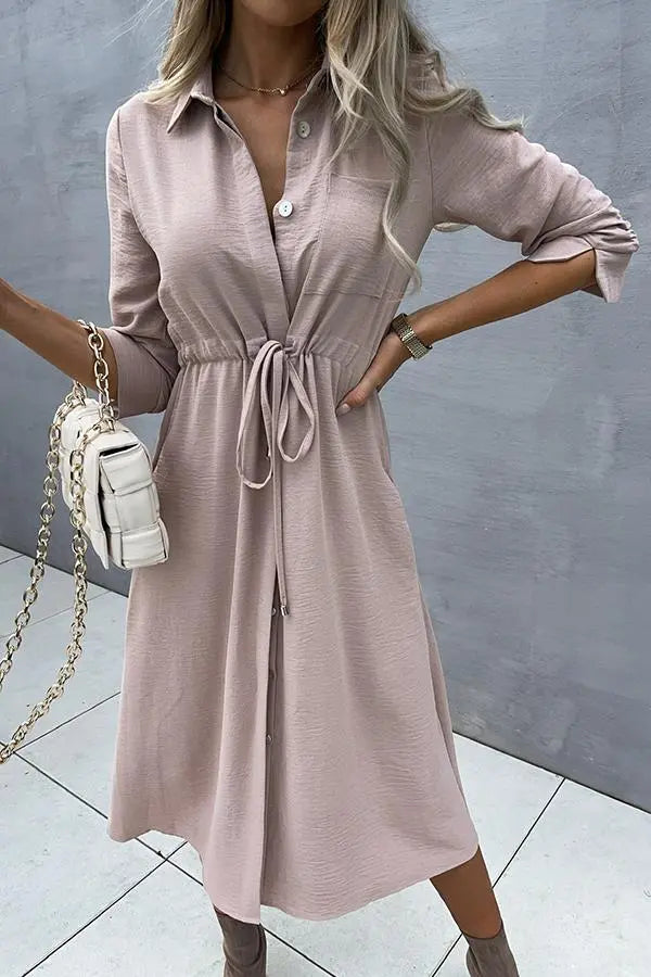 Drawstring Waist Button Midi Dress - Fashionpara