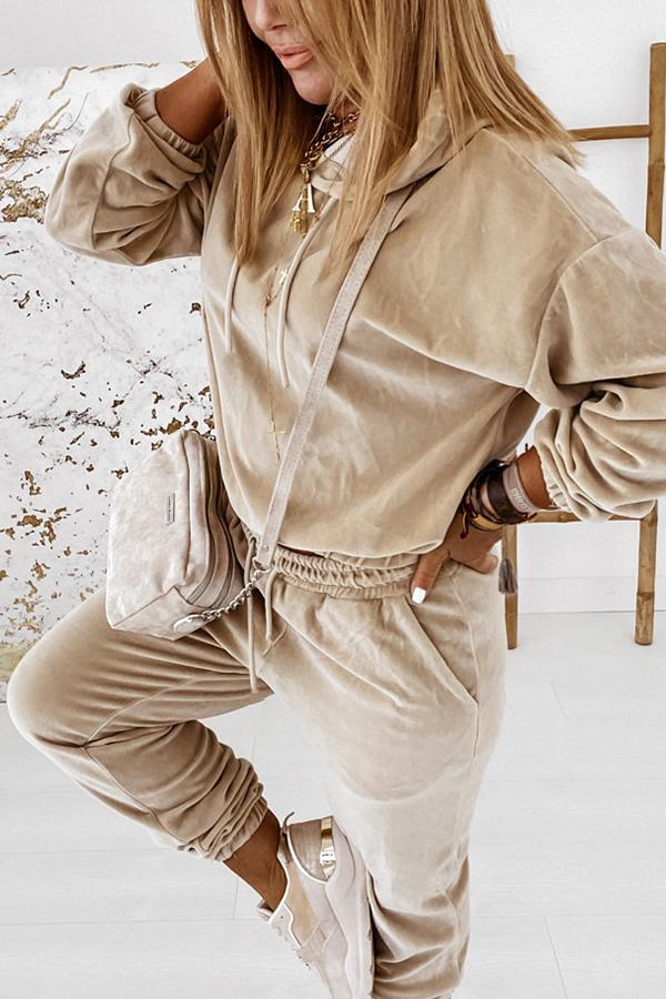 Velvet Drawstring Hooded Joggrt Set - Fashionpara