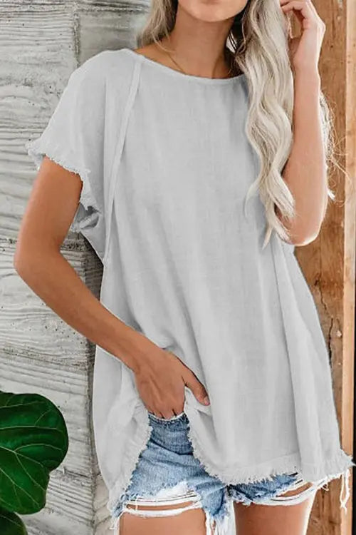 Raw Edge O Neck Short Sleeve T Shirt - Fashionpara