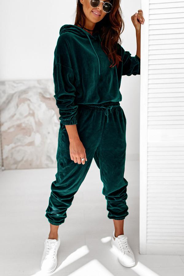 Velvet Drawstring Hooded Joggrt Set - Fashionpara