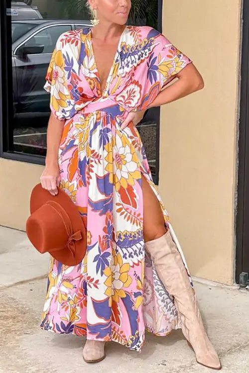 Like Palm Side Slit Bat Maxi Dress - Fashionpara