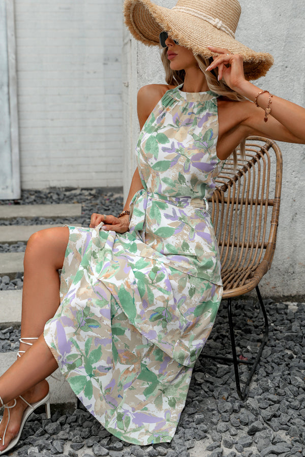 Fashion Print Knot Waist Ruffle Sleeveless Dress - Fashionpara