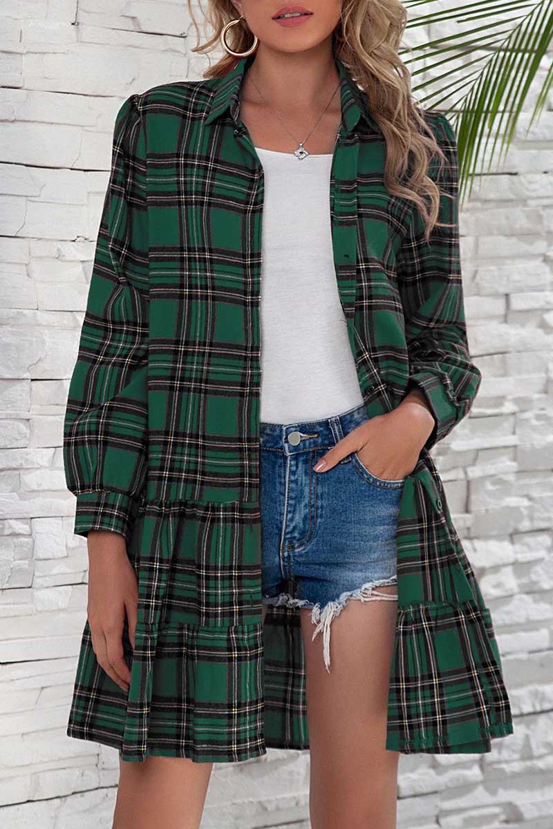 Florcoo Plaid Shirt Long Sleeve Single Dress - Fashionpara
