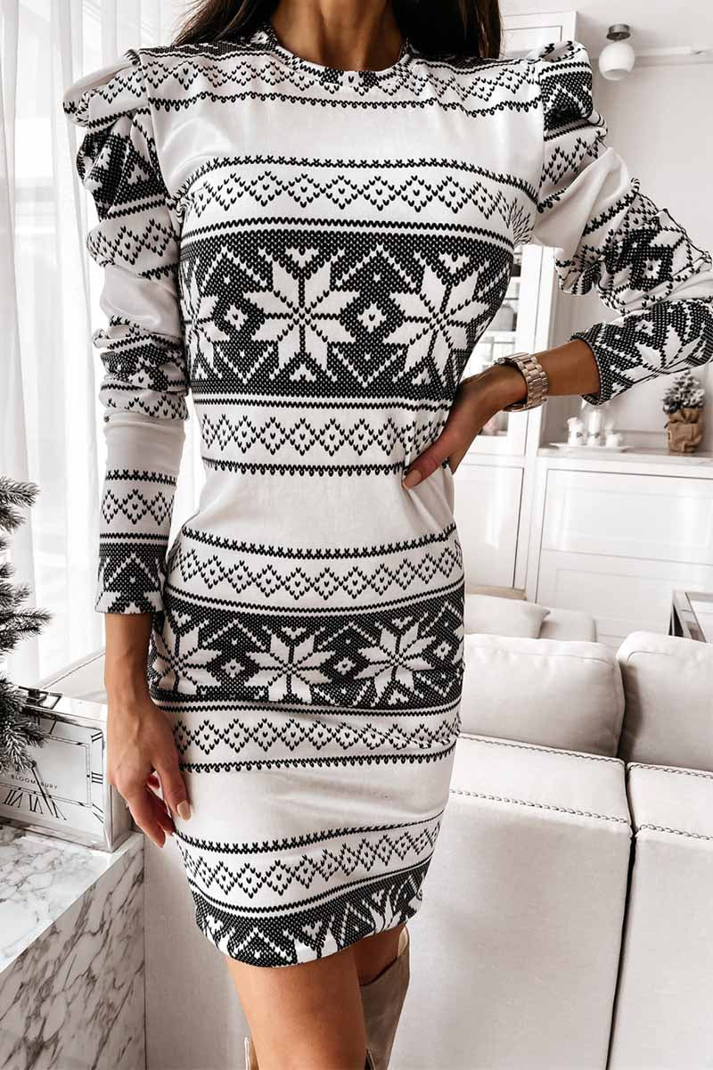 Florcoo White Print Long Sleeves Mini Dress - Fashionpara