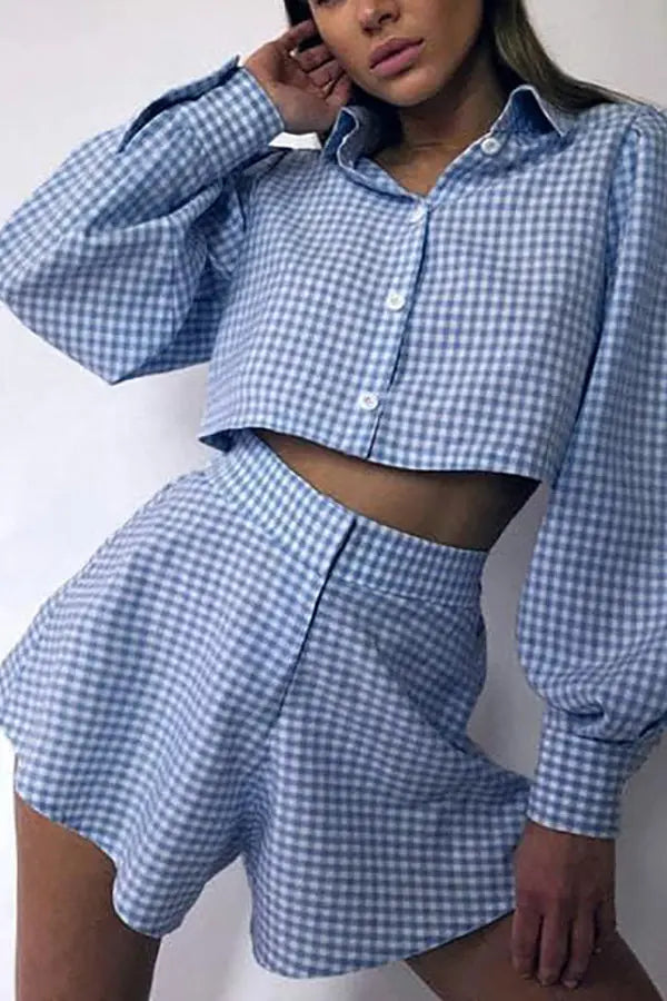 Plaid Button Crop Shirt Shorts Set - Fashionpara