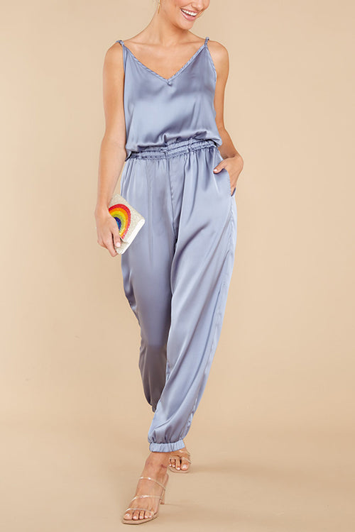 Strappy V Neck Elastic Waist Jumpsuit - Fashionpara