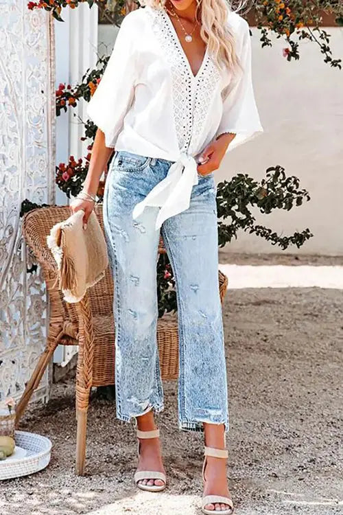 V Neck Knot Embroidery Bell Sleeve Blouse - Fashionpara