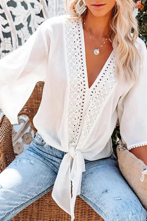 V Neck Knot Embroidery Bell Sleeve Blouse - Fashionpara