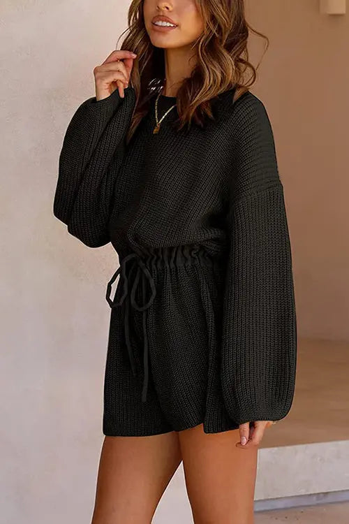 O Neck Puff Long Drawstring Sweater Romper - Fashionpara