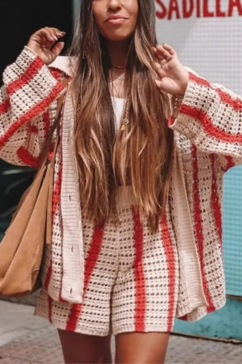 Head In The Clouds Crochet Cardigan Short Set - Fashionpara