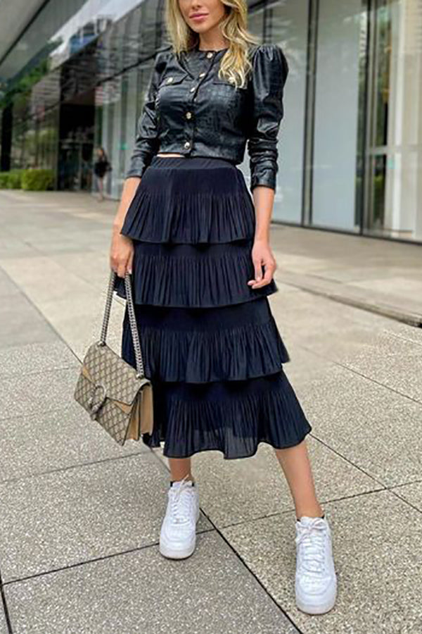 Pleated Tiered Midi Skirt - Fashionpara