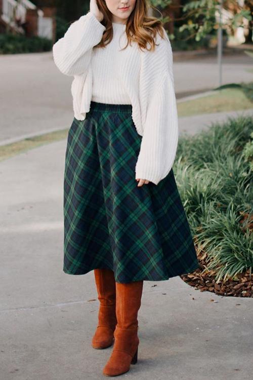 Pockets Plaid A Line Woolen Skirts - Fashionpara