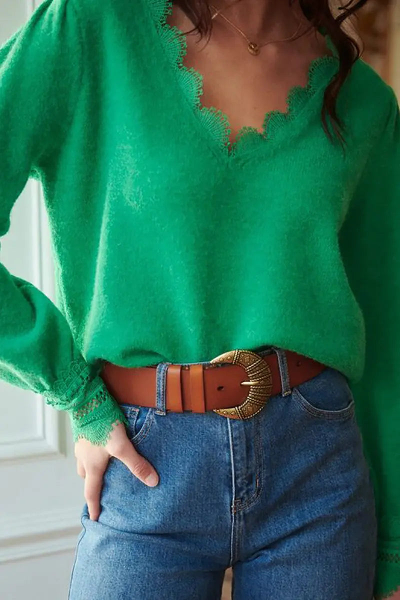 Lace Splicing V Neck Pullover Sweater - Fashionpara