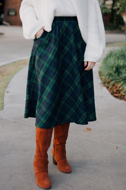 Pockets Plaid A Line Woolen Skirts - Fashionpara