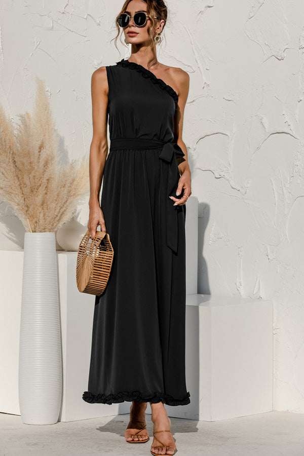 Solid Color Skew Neck Stringy Selvedge Maxi Dress - Fashionpara