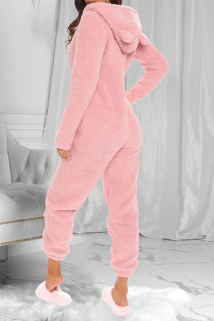Fuzzy Hoodie Collar Jumpsuit Pajamas - Fashionpara