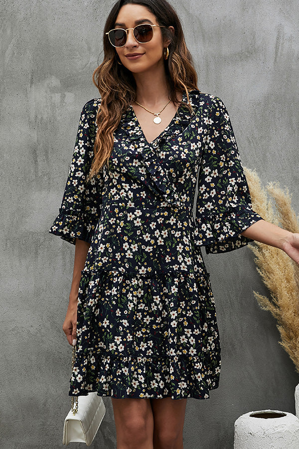V Neck Half Sleeve Floral Print Mini Dress - Fashionpara