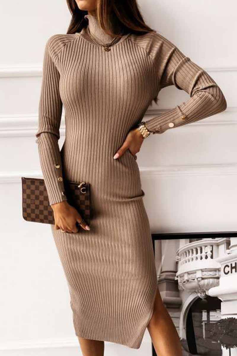 Florcoo Open Back Long Sleeve Solid Color Midi Dresses - Fashionpara