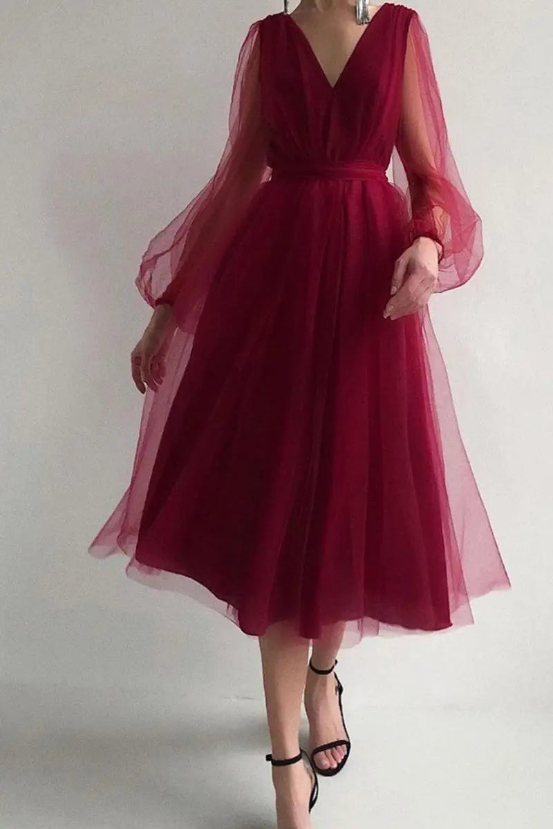 V Neck Tulle Long Sleeve Midi Dress - Fashionpara