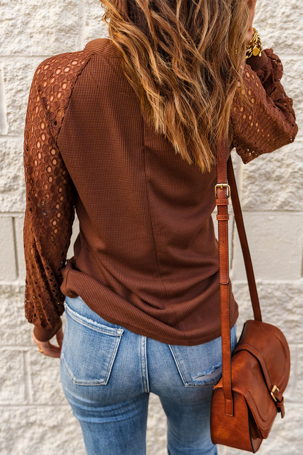 Lace Raglan Sleeeve Waffle Knit Top - Fashionpara