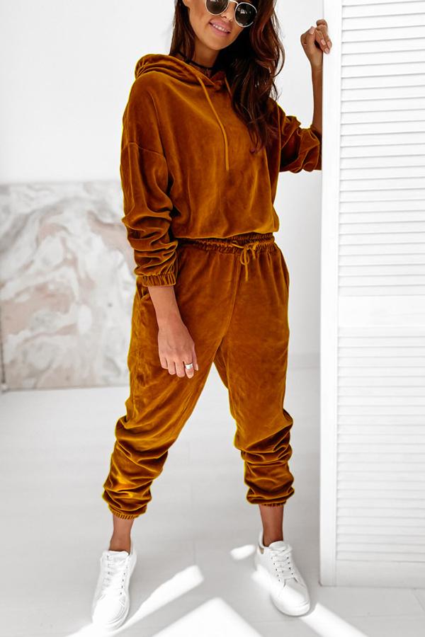 Velvet Drawstring Hooded Joggrt Set - Fashionpara