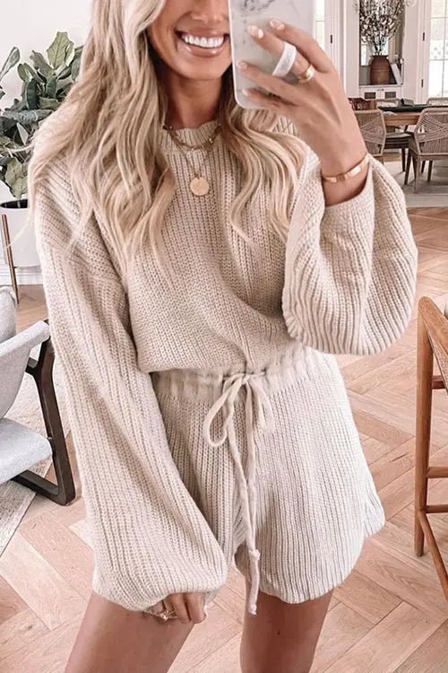 O Neck Puff Long Drawstring Sweater Romper - Fashionpara