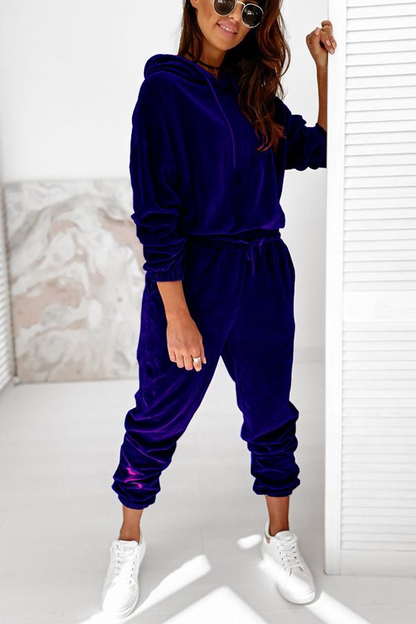 Velvet Drawstring Hooded Joggrt Set - Fashionpara