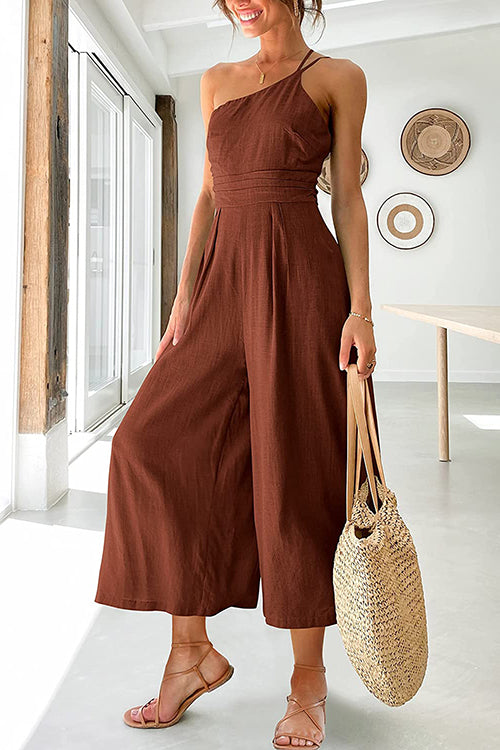 One Shoulder Straps Wide Leg Jumpsuits - Fashionpara