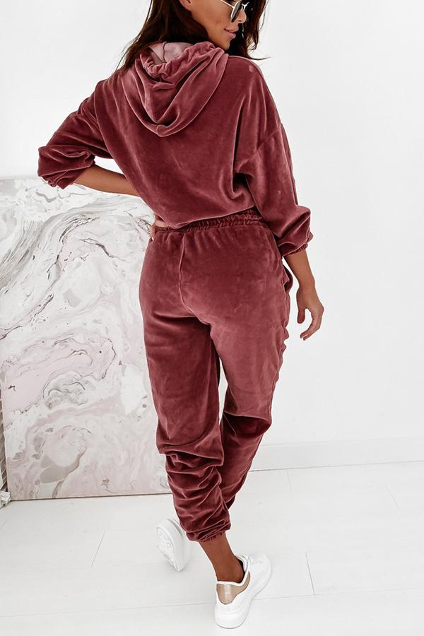Velvet Drawstring Hooded Joggrt Set - Fashionpara