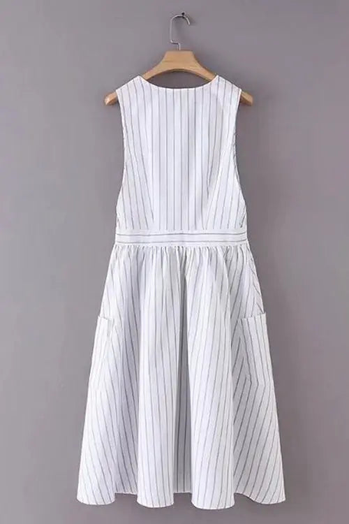 Pockets Button V Neck Midi Desss - Fashionpara