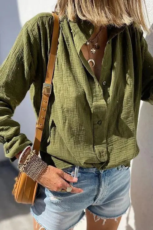 Button Turndown Collar Blouse - Fashionpara