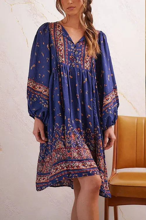 Boho Print Long Sleeve Mini Dress - Fashionpara