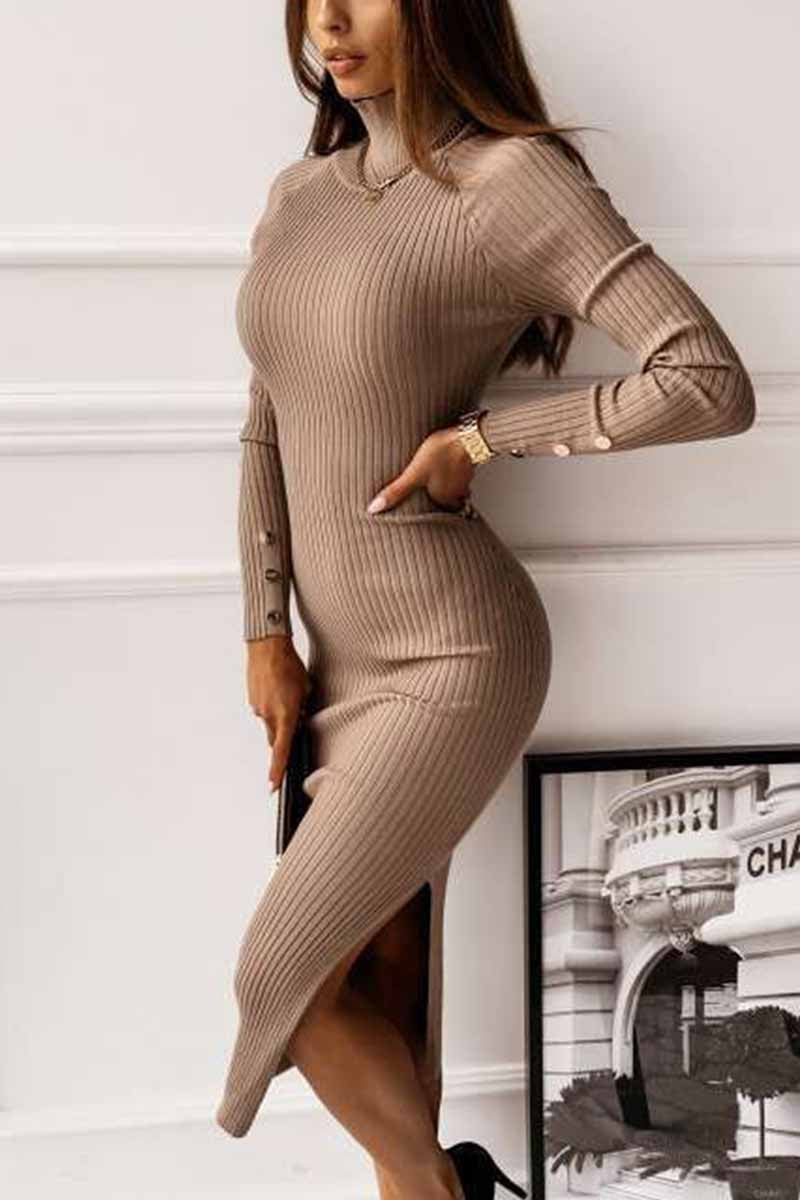 Florcoo Open Back Long Sleeve Solid Color Midi Dresses - Fashionpara