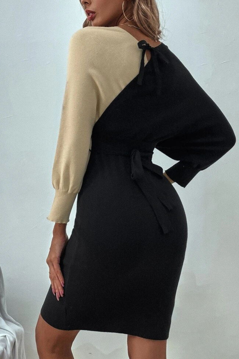 Colorblock Batwing Sleeve Belted Sweater Dress - Fashionpara