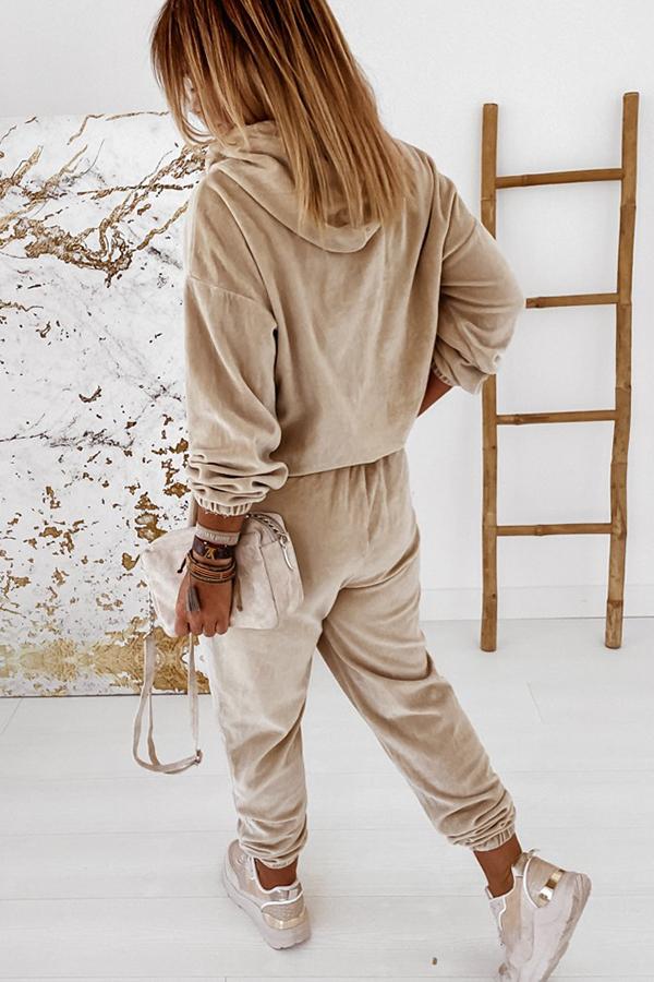 Velvet Drawstring Hooded Joggrt Set - Fashionpara