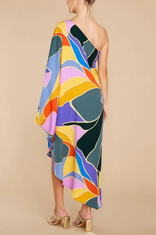 Multi Print Asymmetrical One Shoulder Dress - Fashionpara