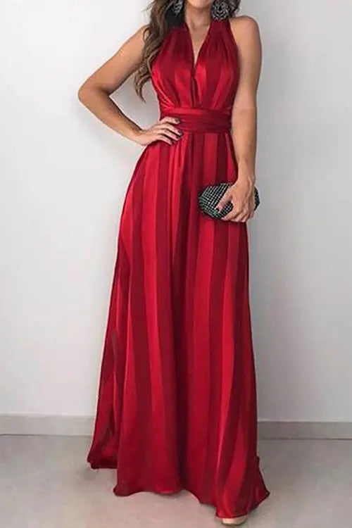 Stripe V Neck Belted Sleeveless Maxi Dress - Fashionpara