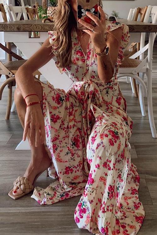 Floral Print Ruffles Maxi Wrap Dress - Fashionpara