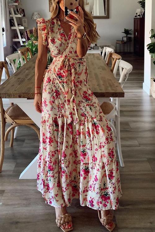 Floral Print Ruffles Maxi Wrap Dress - Fashionpara