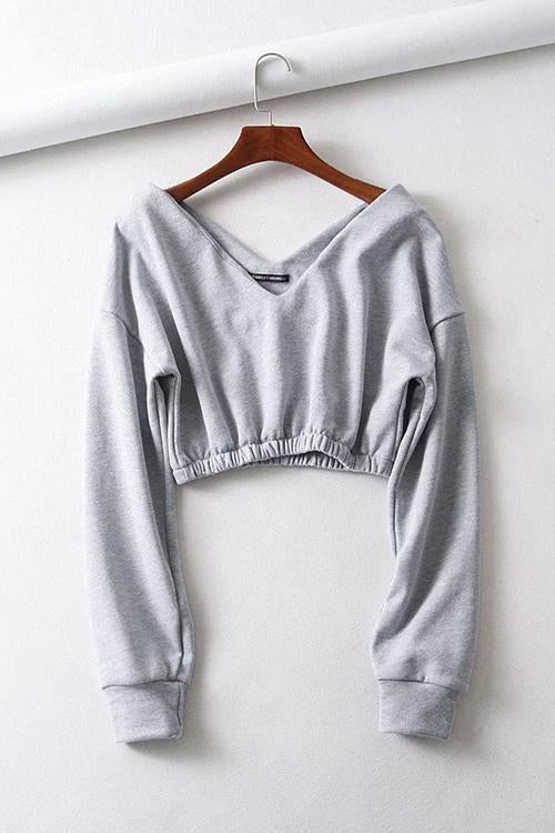 V Neck Long Sleeve Crop Top - Fashionpara