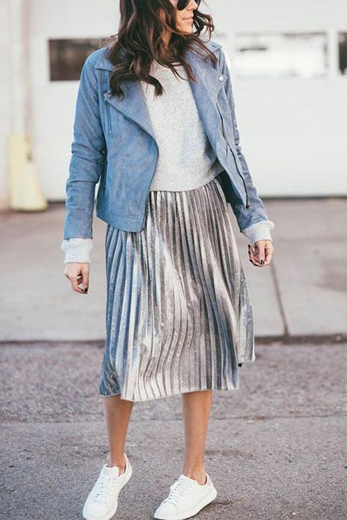 Metallic Pleated Maxi Skirts - Fashionpara