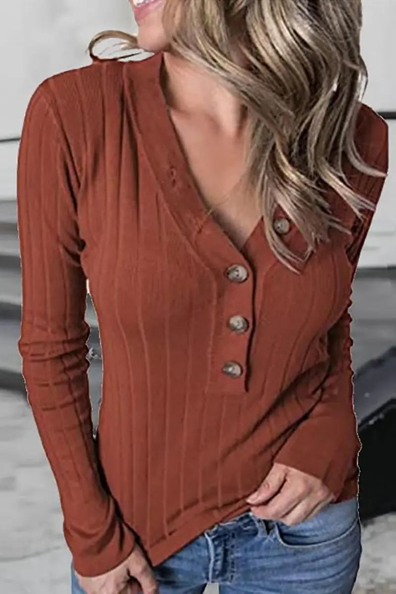 Button V Neck Slim Sweatershirt - Fashionpara