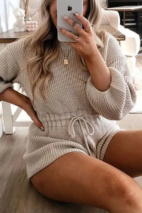 O Neck Puff Long Drawstring Sweater Romper - Fashionpara