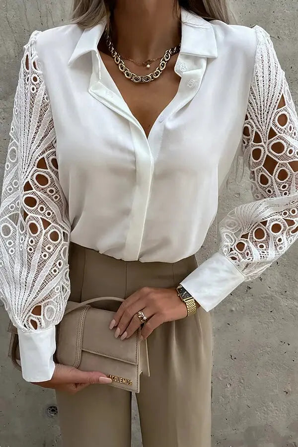 Hollow Lace Turndown Collar Blouse - Fashionpara