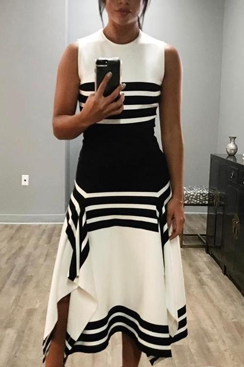 Color Block Sleeveless Midi A-line Dress - Fashionpara