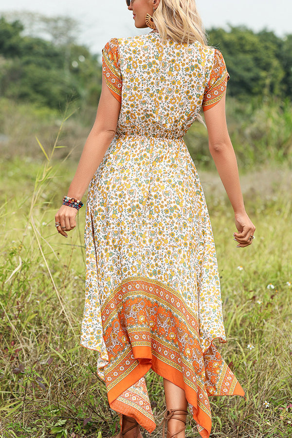 V Neck Floral Print Ruffle Hem Casual Dress - Fashionpara