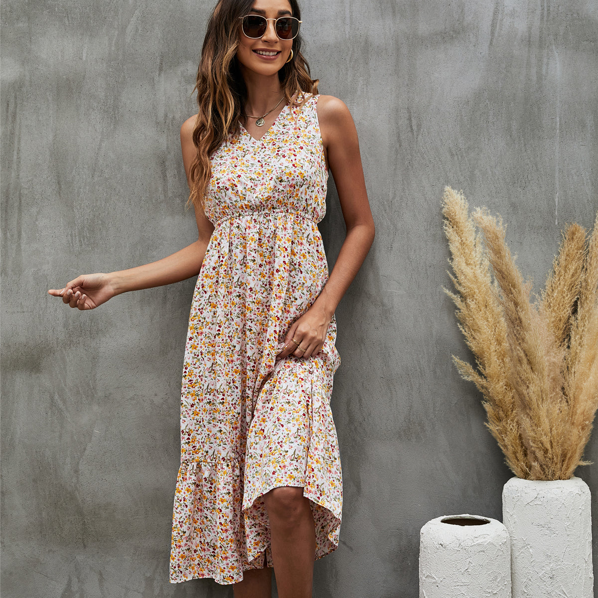 Floral Print V Neck Ruffle Hem Sleeveless Dress - Fashionpara