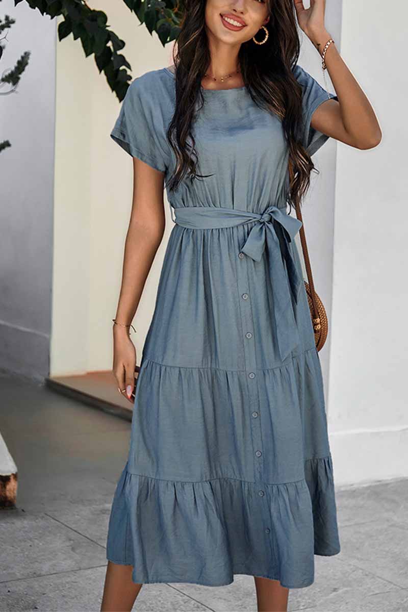 Florcoo Pure Color Simple Restraint Waist Midi Dress(3 Colors) - Fashionpara